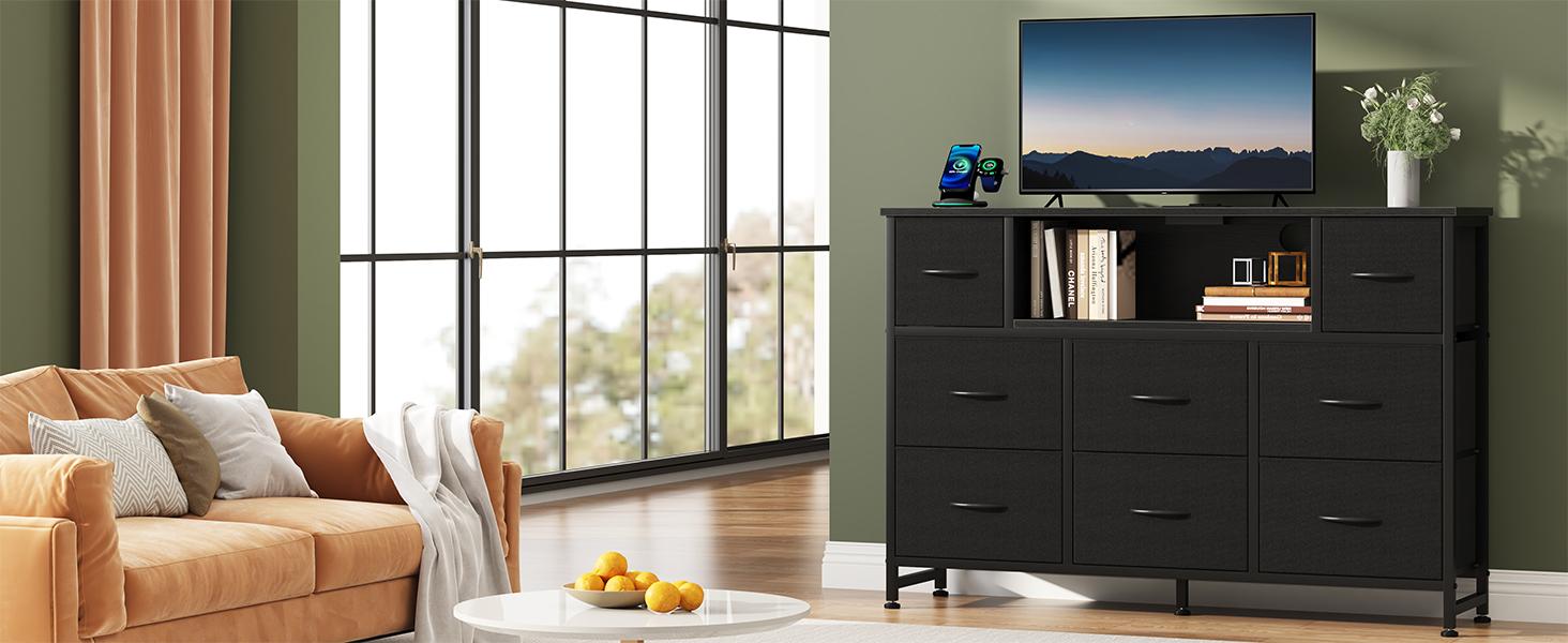 TV Stand with 8 Fabric Drawers & Power Outlet LED TV Console with USB & Type-C Storage Dresser for Living Room Modern Design