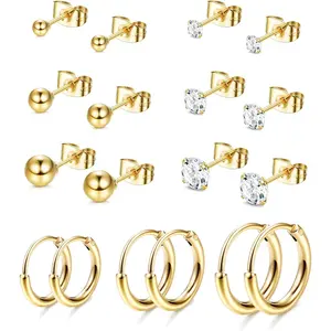 Classic 9 Pairs Golden Silvery Small Stud Earrings for Women Men Cute Stainless Steel Jewelry Set Round Shining CZ Cartilage Tragus Hoops Earrings Set