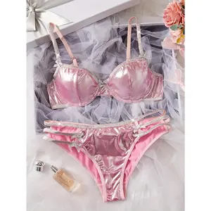 [Glamorous Lingerie Set] Glamorous and Elegant Pink Sequin Lingerie Set with Rhinestone Detail - Sexy Bra and Panties for Women  Perfect for Adult