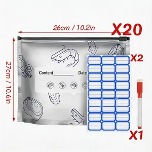 20-Pack Reusable Aluminum Foil Food Storage Bags with Erasable Marker & Labels, Airtight Vacuum Zipper Pouches for Freezer & Fridge, Washable Stand-Up Bags for Meat, Veggies & Meal Prep