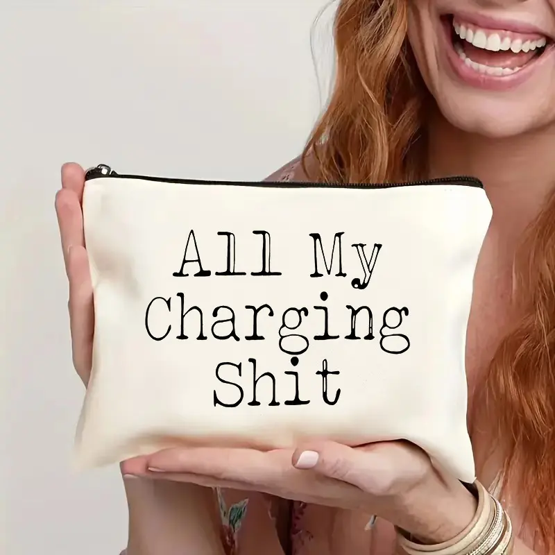 2Pcs Funny 'All My Charging Sh*t' Canvas Zipper Pouch - Travel Organization Pouch, Cord Organizer for Electronics & Phones, Non-Waterproof Home Storage Bag