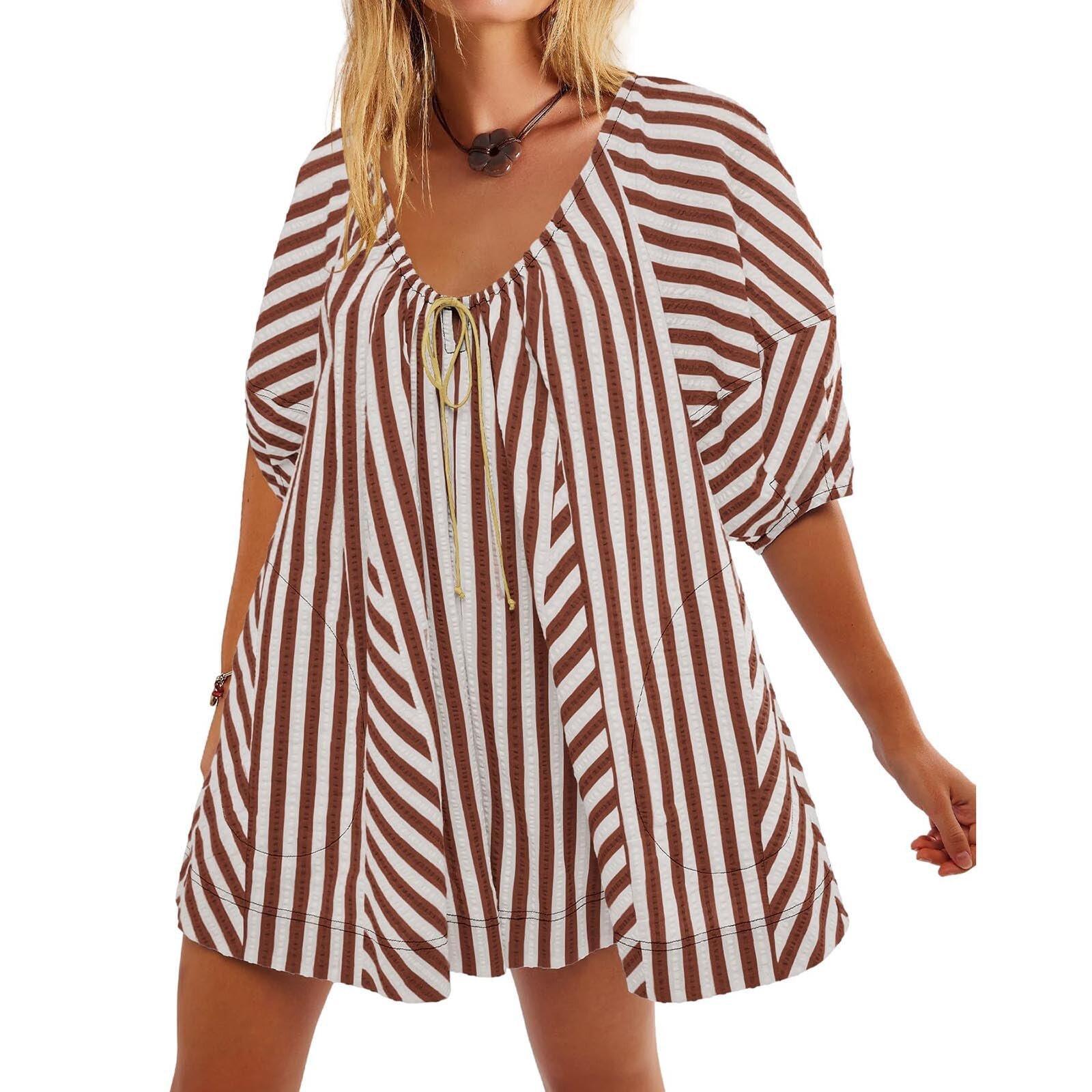 Women's Striped V-Neck Romper, Casual Loose Tie Front Wide Leg Short Jumpsuit, Flowy Summer Vacation Outfit