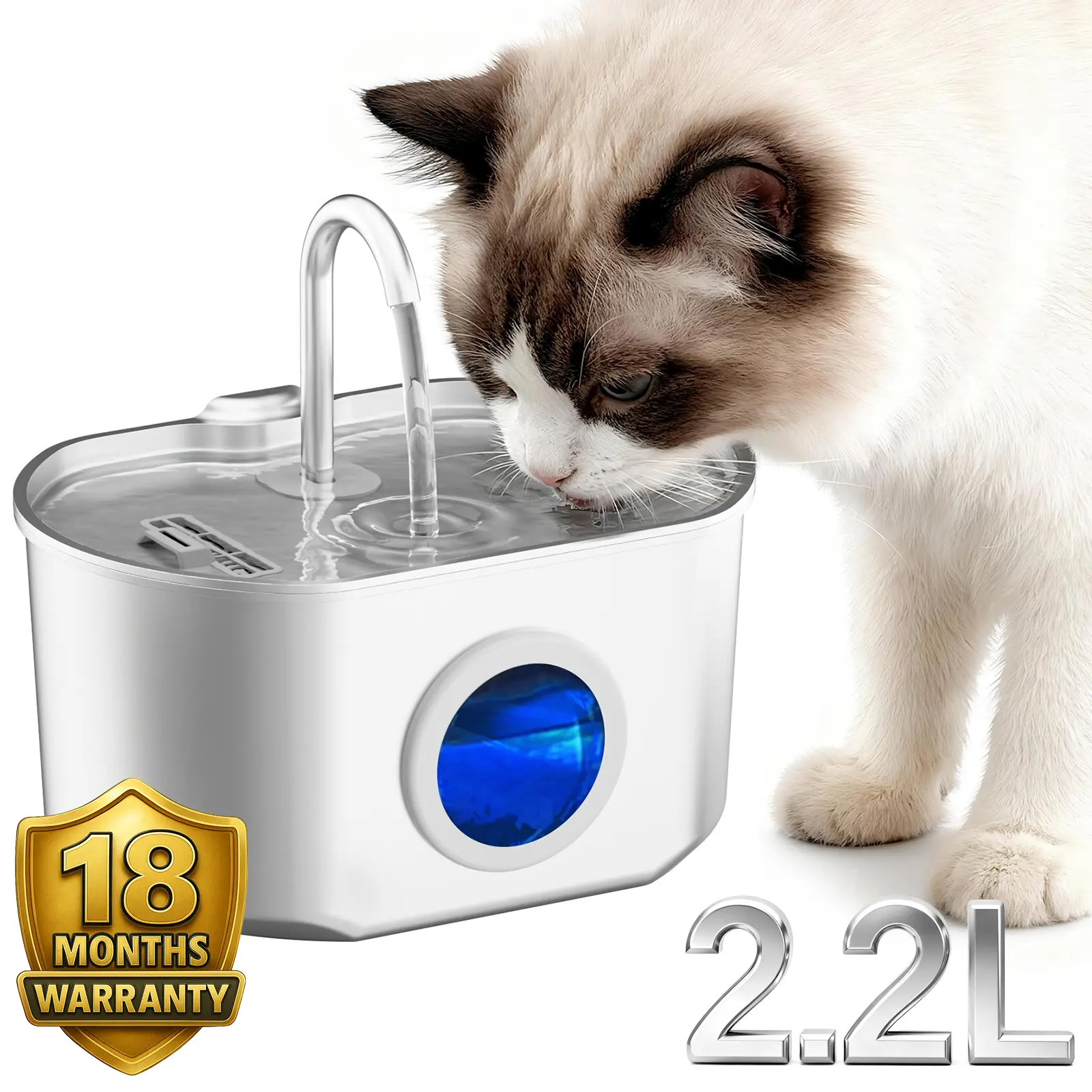 NEAREAL 304 Stainless Steel Cat Fountain (2.2L/74oz) - Ultra-Quiet Automatic Water Feeder with 4-Stage Filtration, Hair & Dirt Trap, Easy Clean, Travel-Ready Size, Water Level Window, Kidney Health Support, Christmas Gift, 18-Month Warranty, Quiet Pump