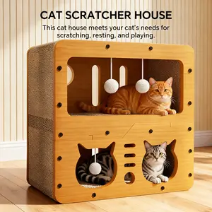Cat Beds for Indoor Cats，Wooden Cat Scratcher House & Cardboard Condos，Covered Bedsure Kitten Bed Cave Furniture，Cute Playhouse Box，Small Size，for Cats Under 10 lbs