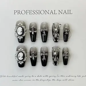 Classical Sculpture Press-On Nails | Reusable Acrylic Tips with Cross & Gothic Bunny Charms | For Dark Weddings, Vampire Balls & Horror Conventions | Matte-Glossy Fusion