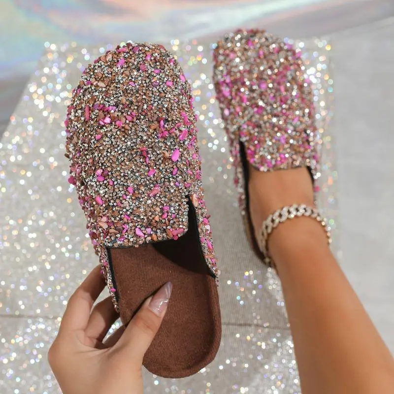 Women's Spring and Autumn Sequined Half Slippers With Cork Toe Caps Comfortable And Casual Non Slip Flat Bottomed Sandals