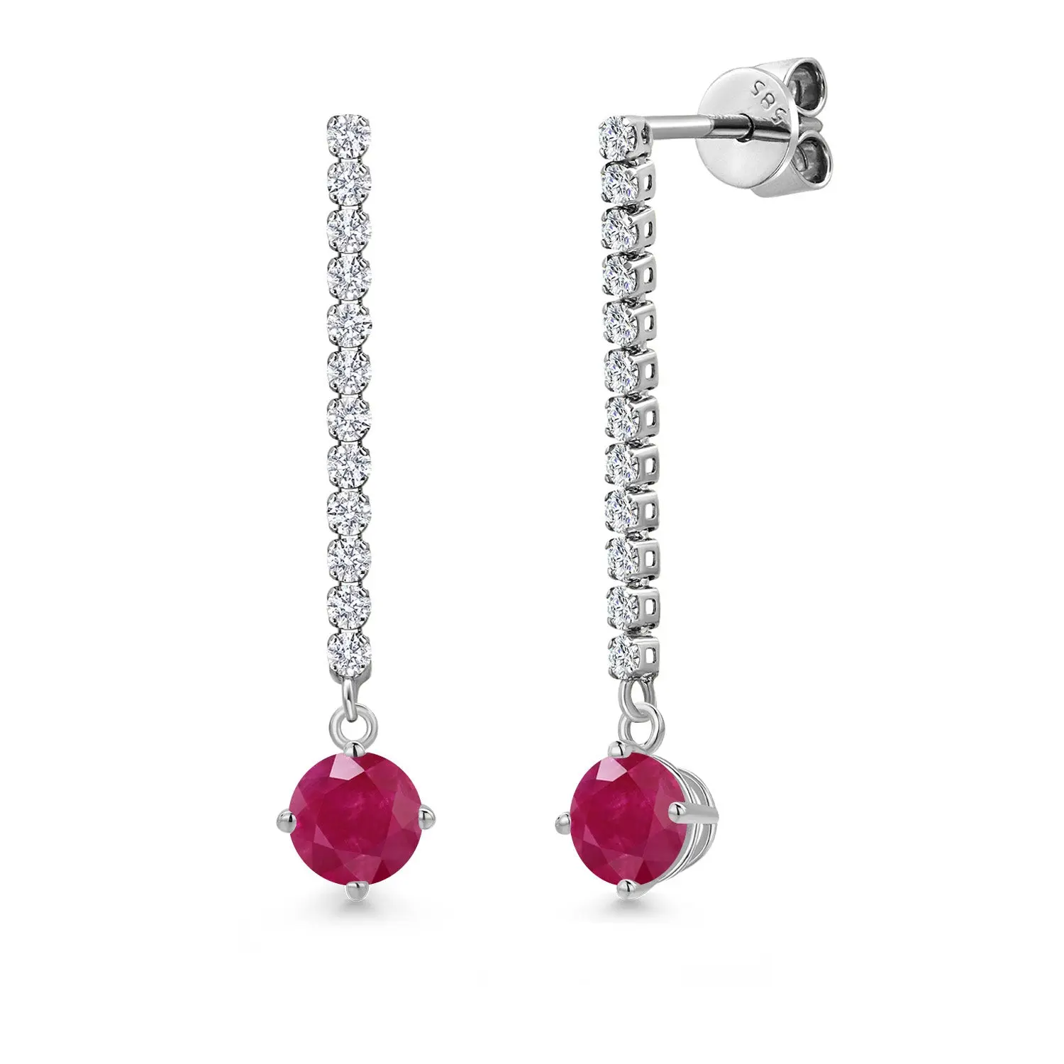 14K White Gold Red Ruby and White Lab Grown Diamond Long Liner Dangle Earrings for Women | 1.46 Cttw | Gemstone July Birthstone | Round 5MM | White Gold Chain Drop Earrings
