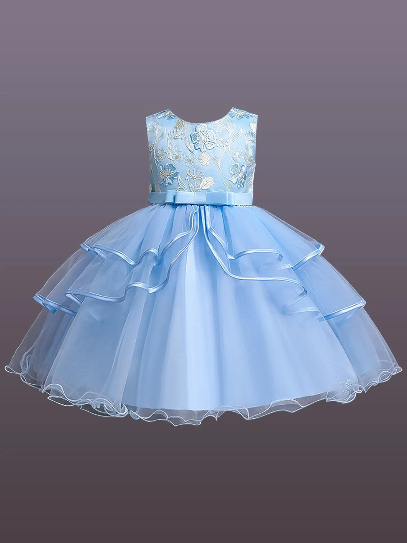 Kids Floral Embroidery Bow Front Tiered Layer Tulle Dress, Elegant Sleeveless Round Neck Midi Dress for Party Wedding Guest, Kids Clothes for All Seas