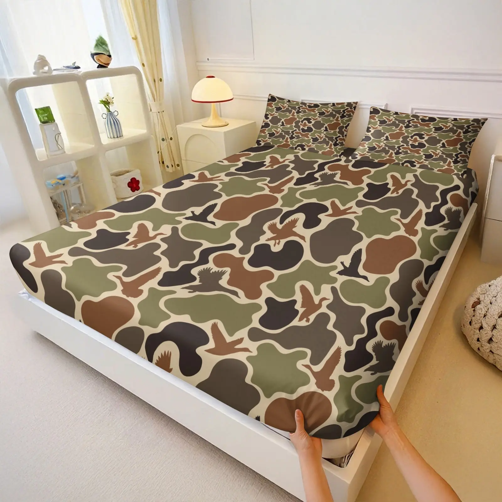 Camouflage Hunting Style Wild Duck Print Fitted Sheet Set 3 Piece Bedspread Set with 2 Pillowcases, Mallard Duck Themed Rustic Animal Bedding, Bedroom Decor Gifts for Kids & Adults, Coordinated Look, Comfy Bed Sets