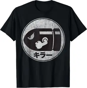Men's Super Mario Bullet Bill Distressed Kanji Logo Graphic T-Shirt, Natural Shortsleeve Round Neck Fashion Fabric Casual Top Menswear Cotton,summervibes