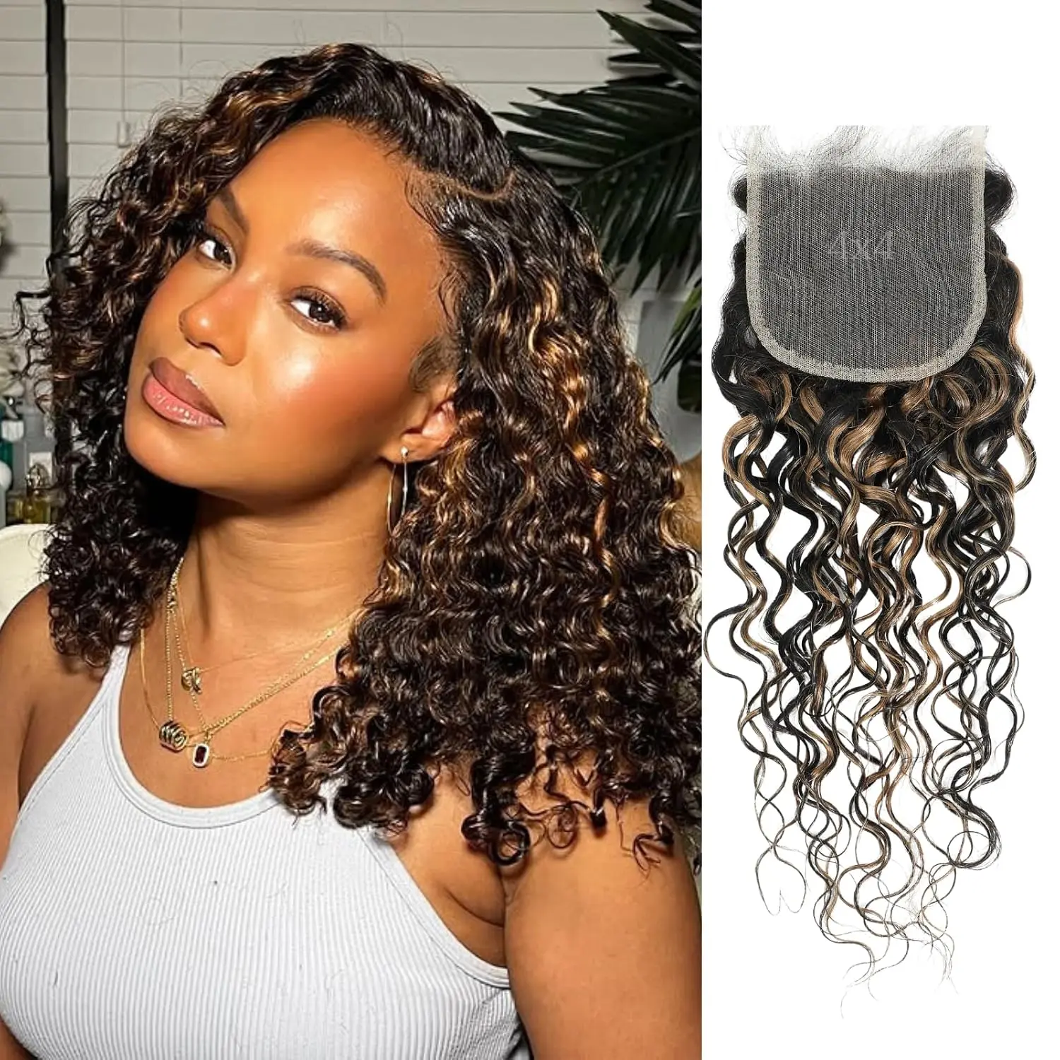 ANMETAN #F1B/27 Highlight HD Lace Closure Water Wave, 12A Invisible Single Knot Pre-Plucked Brazilian Human Hair Black and Blonde Lace Closure Wet n Wavy Free Part Baby Hair (150% Density)