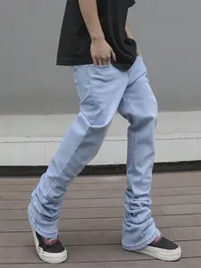 Men's High Street Stacked Flare Jeans, Durable Comfort Light Blue Wash Denim Pants, Streetwear Trousers Ideal for Trendsetters & Skateboarding
