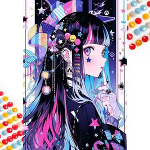 5D DIY Full Drill Round Diamond Painting - Diamond Art Painting Kit, Diamond Painting Kits, Anime Girl, Colorful Hair Accessories, Dreamy Starry Sky, Mosaic, Canvas - DIY Decorative Painting, Home Wall Decor, Suitable for Gifts