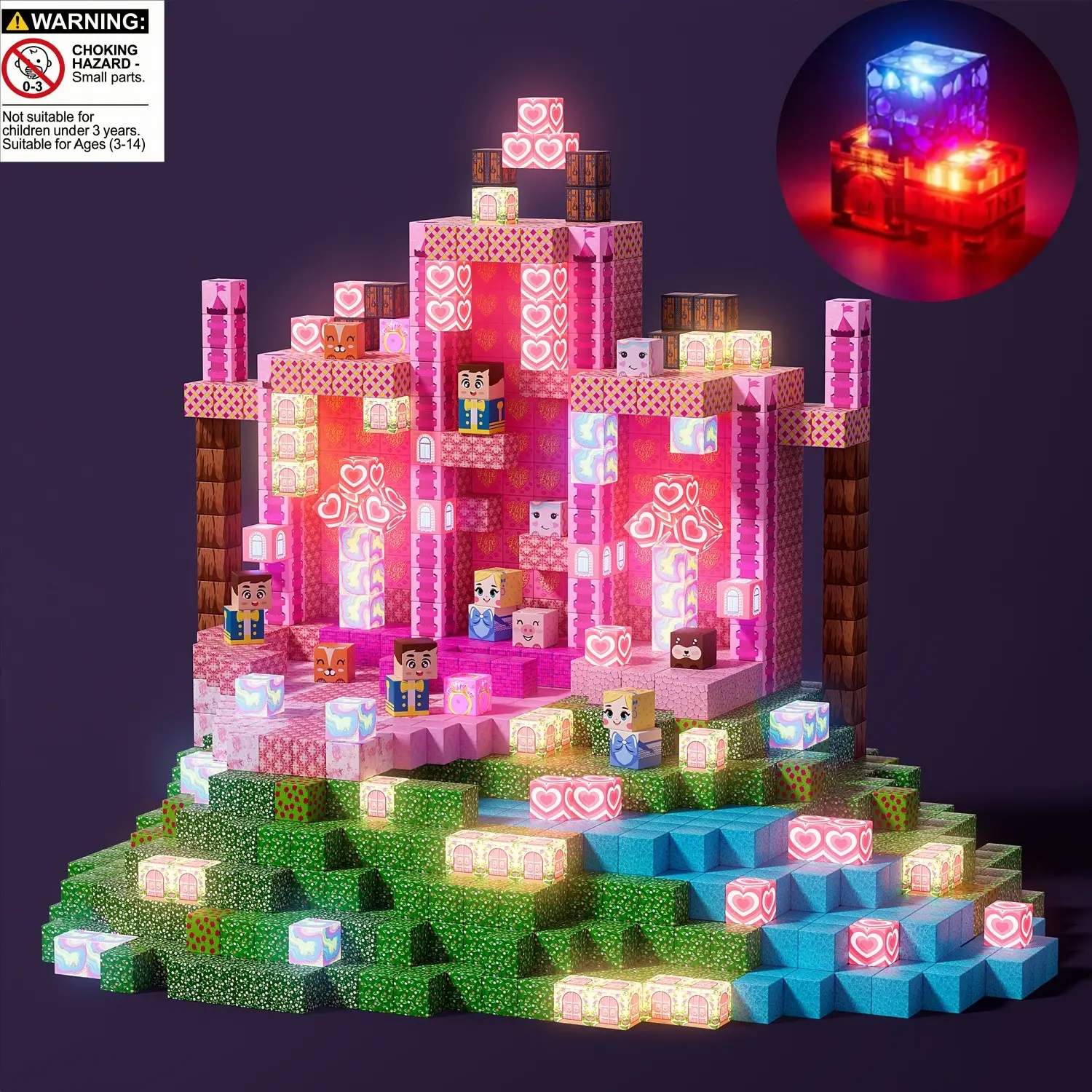 Light Up Pink Princess Castle Magnetic Building Blocks Model-200PCS LED Magnetic Tiles, Building Block Sets, STEM Montessori Children Sensory Toys for girls Ages 3+, Kids for Christmas Birthday Gifts