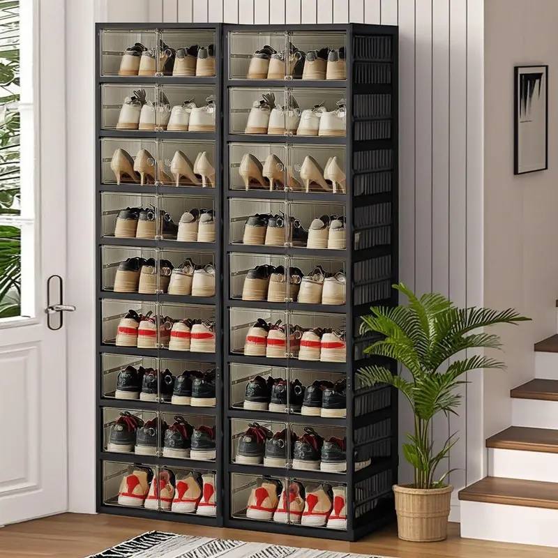 9 tier Ultimate Foldable Shoe Organizer – Fits 18 Pairs Space-Saving Stackable Cabinet Rack Clear Door Plastics Stackable