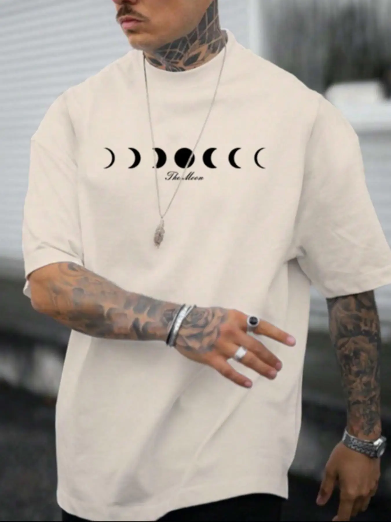 Men's Graphic Round Neck Tee, Summer Clothes Regular Fit Moon & Letter Print Short Sleeve T-shirt for Daily Wear, Streetwear, Crew Neck Casual Soft Co