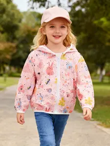 Girls' Cartoon Hooded Sun Protection Jacket, Cute Animal Prints Flower Butterfly Print, Long Sleeve Zipper Windproof, Lightweight Breathable, All Seasons