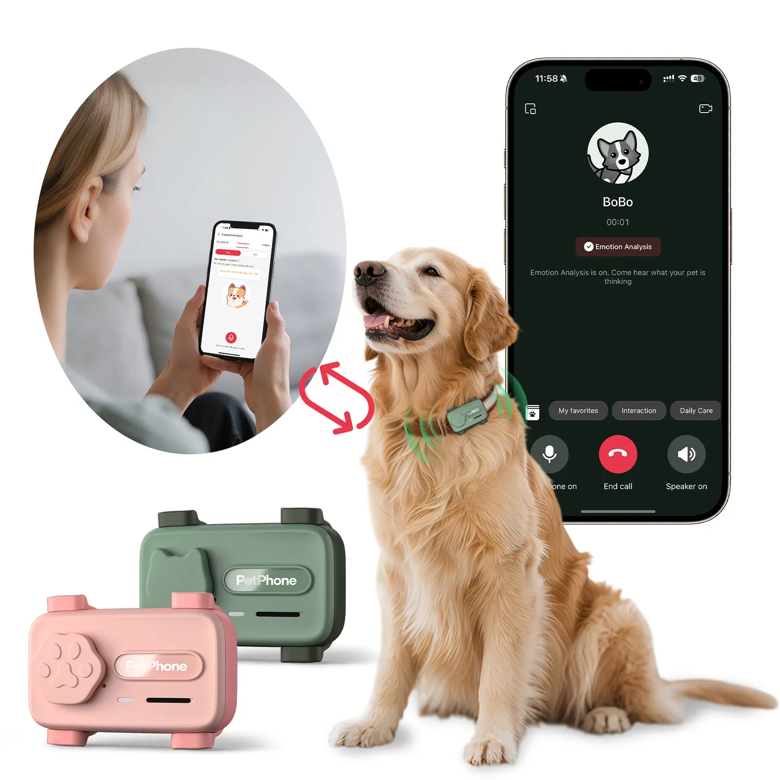 PetPhone for Dogs & Cats – 2-Way PetChat, AI-Powered Pet Sound Analysis, Activity Monitoring, Play Music, GPS Tracker with Geofencing Alerts, 37g Waterproof Smart Pet Tracking Device
