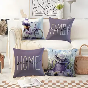 Lavender Theme Pillow Covers Set of 4, Home Family Decorative Pillows, Design, Polyester Material