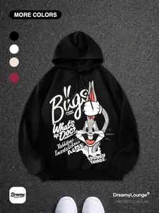 Classic Looney Tunes Doodle Print Graphic Hoodie, Loose Fit Casual Sweatshirt, Breathable Sportswear, Perfect for Home and Outdoor Use