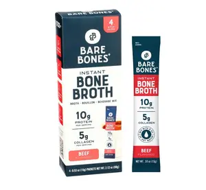 Bare Bones Beef Bone Broth Instant Powdered Mix | Rich Savory Packets on-the-Go No Artificial Flavors | 100% Grass Fed Keto & Paleo Friendly | 10g Protein | 4 Pack
