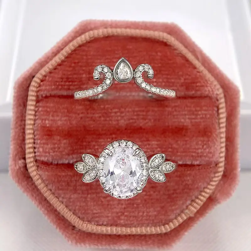 SKU JZ-29 Enchanted Garden Oval Moissanite Bridal Set | 2-Piece Leaf & Crown Ring | Genuine Platinum Plated | Fairycore Wedding Jewelry