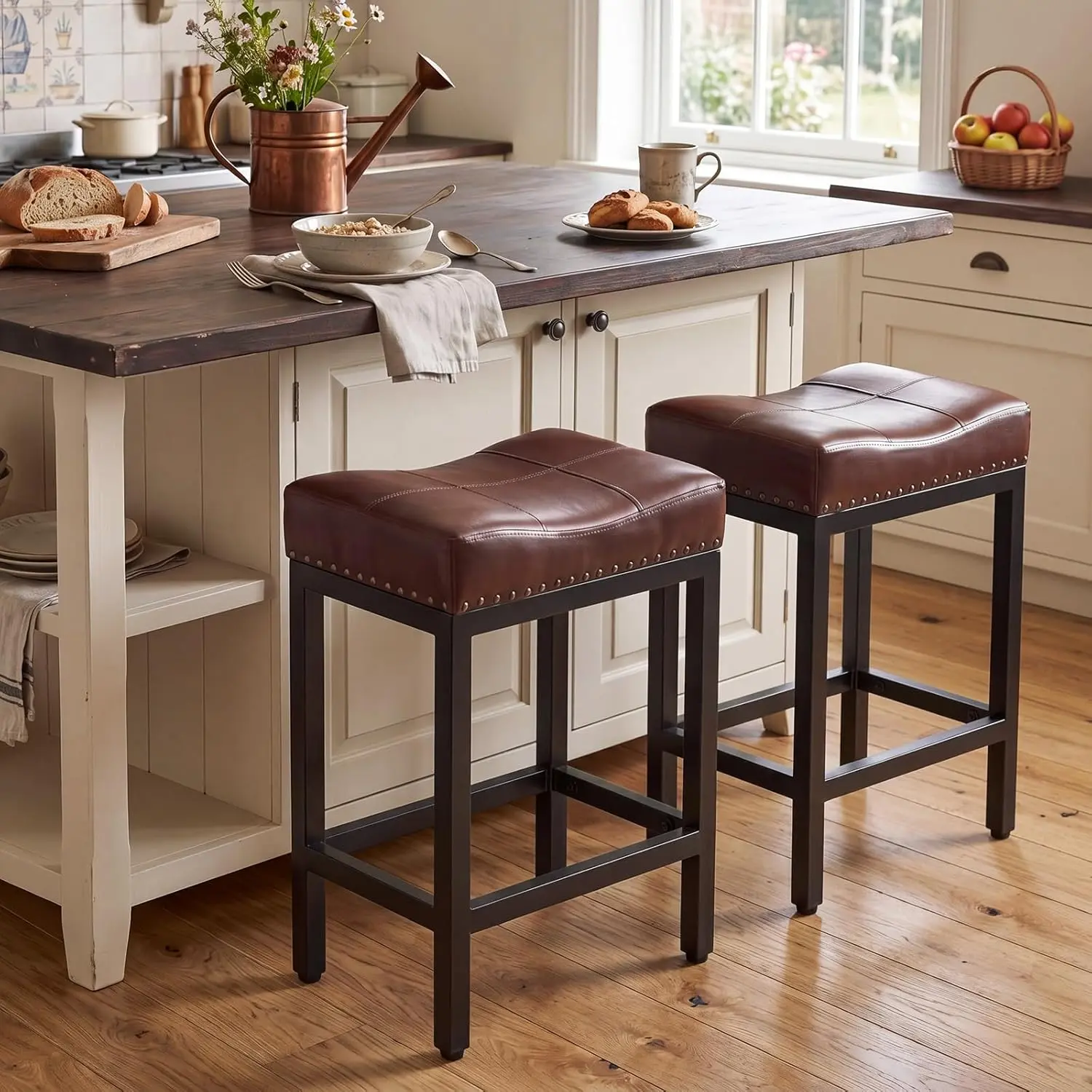 Saddle Bar Stool Kitchen Stools, Sturdy Steel Frame，PU Leather Chair,2 PACK Counter Height Barstools Barstool Set