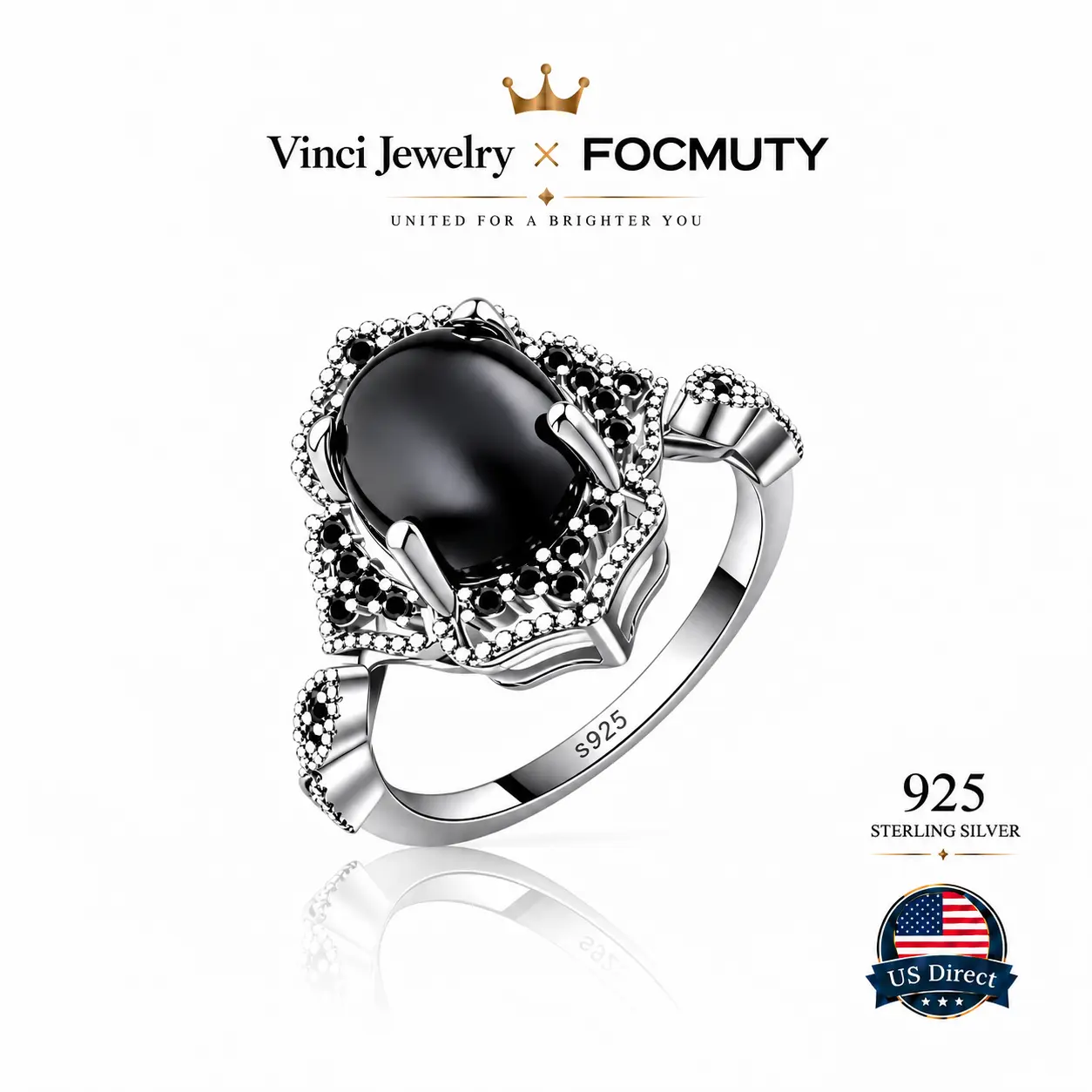 FOCMUTY 925 sterling silver, Vintage Gothic Black Onyx Sterling Silver Ring, Oval Big Stone Pave Band, Dark Grunge Witchy Statement Jewelry, Ideal for Party, Dating & Goth Outfit Match, Gift for Women Emo Alt Girls Punk Lovers Fine Finger Ring US Shipping