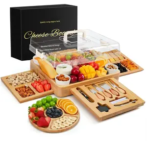 Charcuterie Board with Lid - Large  Cheese Board Set with Utensils & Drawers - Housewarming, Wedding Gifts for Couples, Serving Tray with Cover (Cream)