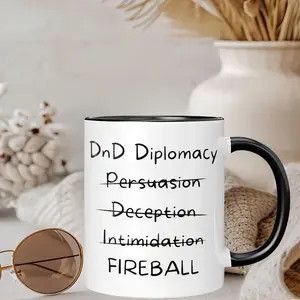 D&D Inspired Ceramic Coffee Mug - 11oz Reusable Dungeons & Dragons Themed Teacup, Perfect Gift for Gamers, Smooth Round Mouth, Ergonomic Handle, White with Black Text Design, Coffee Cup