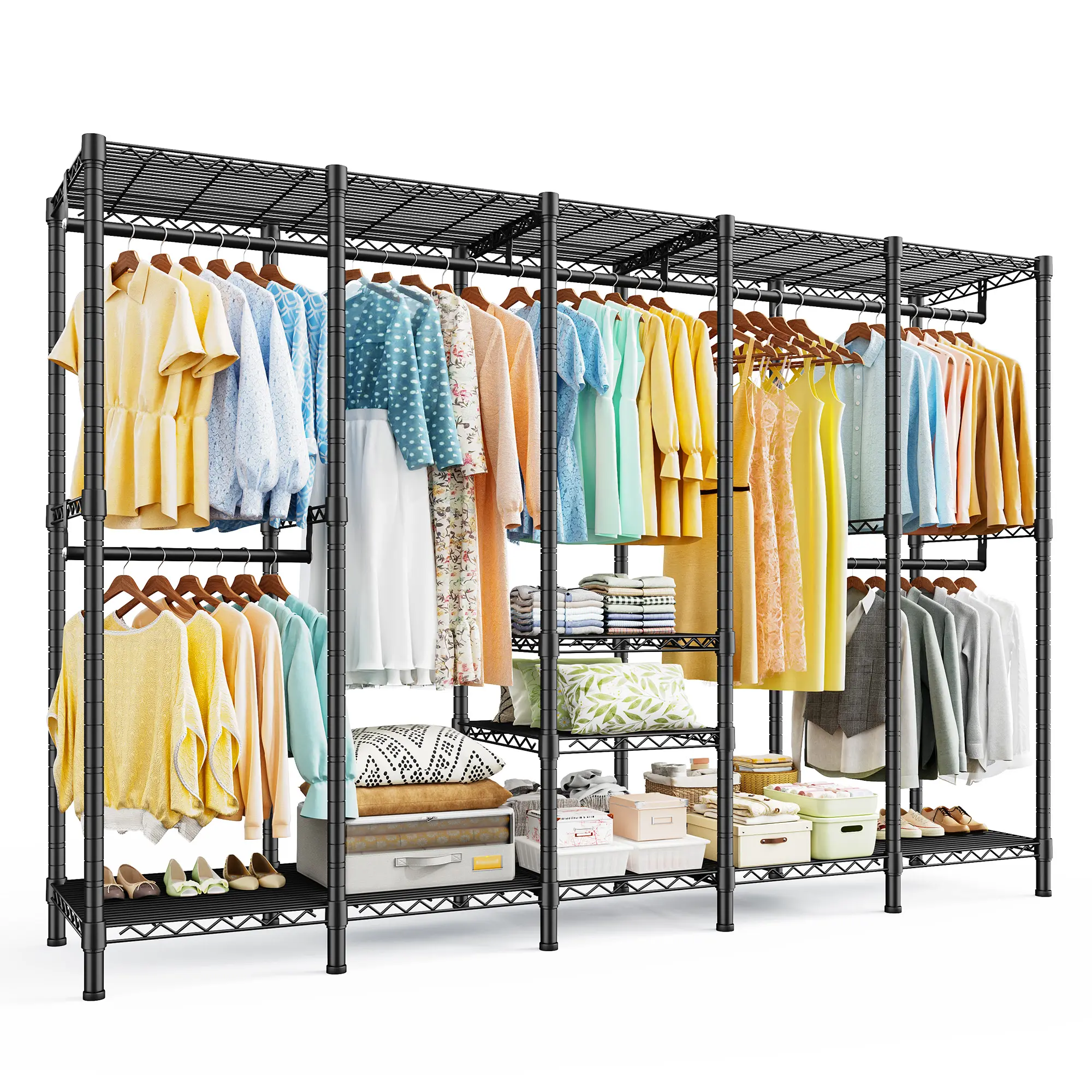 【Summervibes】Raybee 88.2" W Clothes Rack Heavy Duty Clothing Racks for Hanging Clothes, Height Adjustable Extra Wide Portable Closet Loads 1200LBS Freestanding Garment Rack for Bedroom 88.2" W x 75.6" H x 15.7" D, White, Black