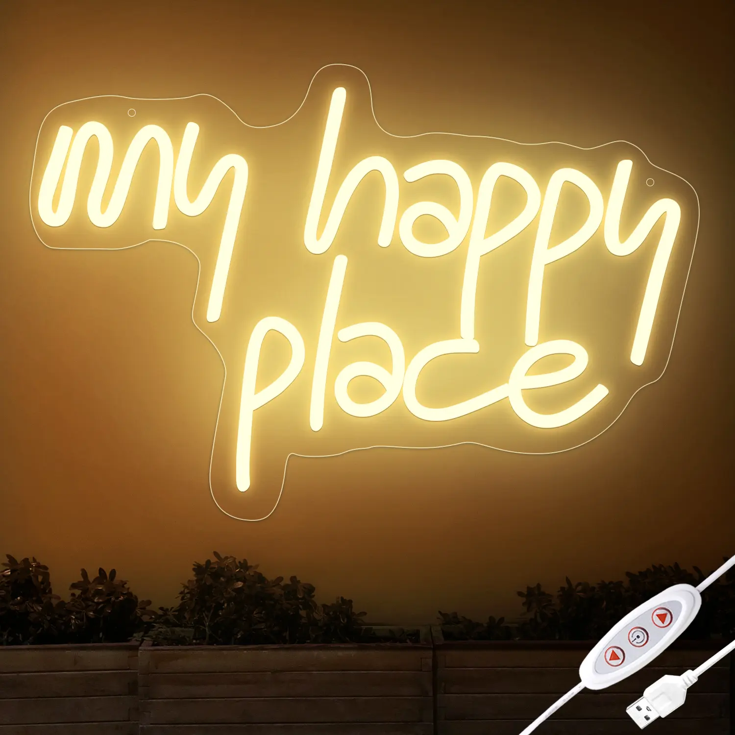 KEYDOORS Cursive Font "My Happy Place" Stepless Dimmable USB Warm White LED Neon Sign - Wall Mount Acrylic Base Complete Kit, Game Room Bedroom Home Decor Wall Light