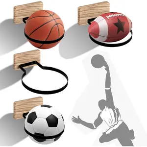 Basketball Holder Wall Mount, Black Walnut Ball Storage Wall Decorations for Basketball, Football, Soccer, Volleyball Collection, Stylish Basketball Rack Display for  Decor