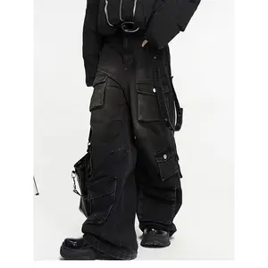 Ins Trendy High Street Retro Vintage Vintage Multi Pocket Workwear Jeans For Men, Heavyweight Washed Spicy Girls, Niche Straight Leg Stacking Pants, Gothic Hip-hop Style Loose And Versatile High Waisted Wide Leg Mop Pants, Workwear Pants