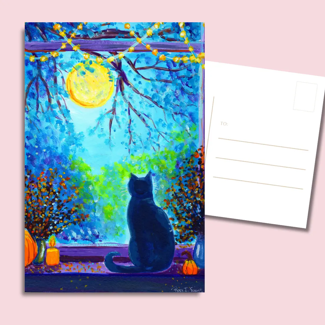 Enchanted Black Cat Moon Postcard 4x6 – Vibrant Design