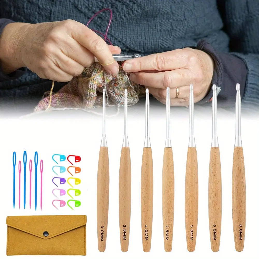7Pcs Beech Wood Crochet Hooks Set,Smooth Needle Tips with Case,3.0mm-6.0mm Sizes for Knitting and Crafting,DIY Hand Tools Kits