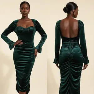 Bellamodest Emerald Velvet Ruched Midi Dress