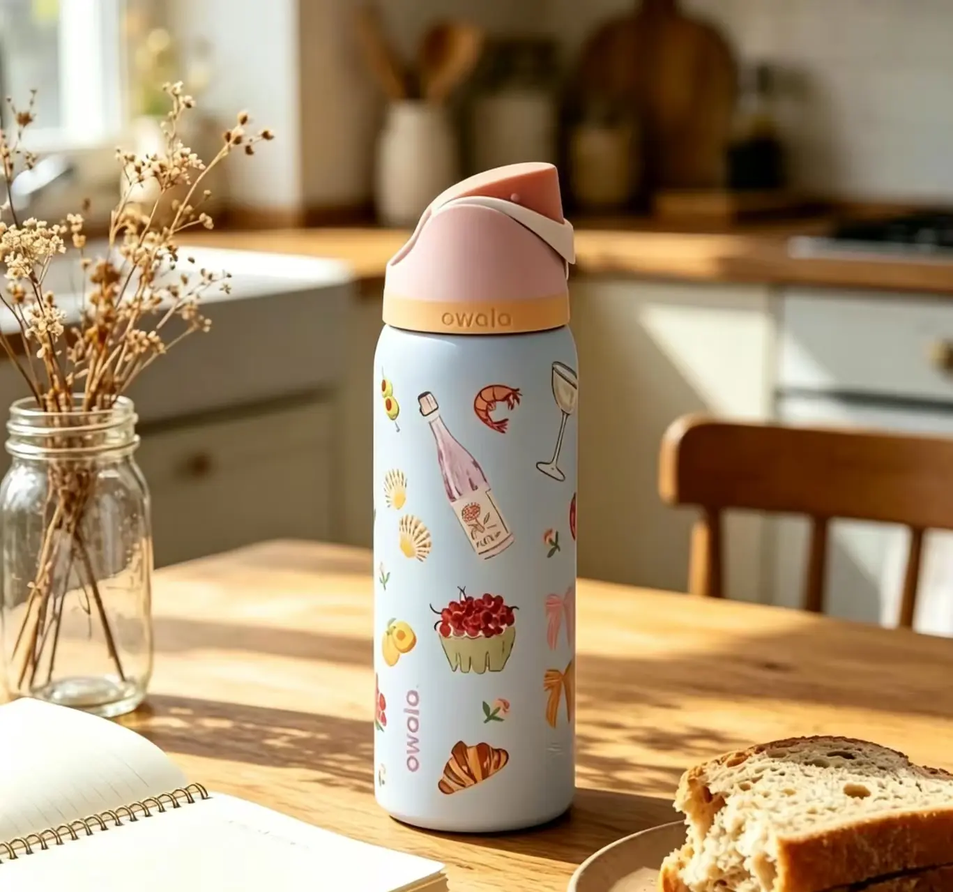 Owala 32oz FreeSip Portable Double-Wall Leak-Proof Vacuum Insulated Stainless Steel Tumbler - Printed Croissant Picnic Pattern, 2-Way Sip Straw, Stylish Cold Beverage Traveler, Cute Gift for Girls, Kitchenware Drinkware Flask