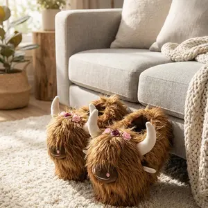 Cute Highland Cow Plush Slippers, Ultra-Soft Fluffy Scottish Calf Footwear, Floral Decor, Comfortable Home Wear, Cozy Indoor Shoes