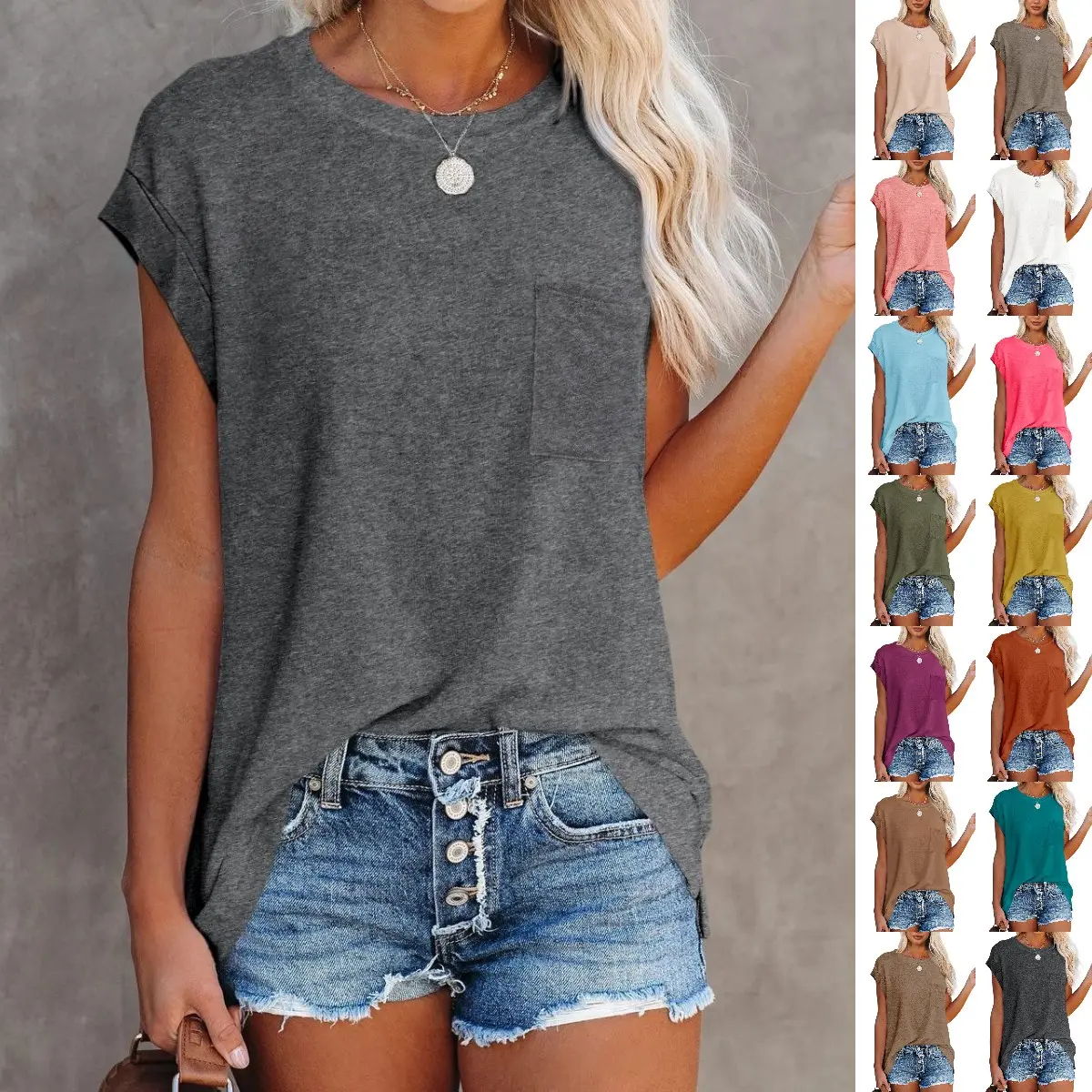 Goranbon Women's Summer Basic Lady Garment, Cap-Sleeve Oversized Loose-Fit Breathable Comfortable T-Shirt Blouse, Taupe, Everyday