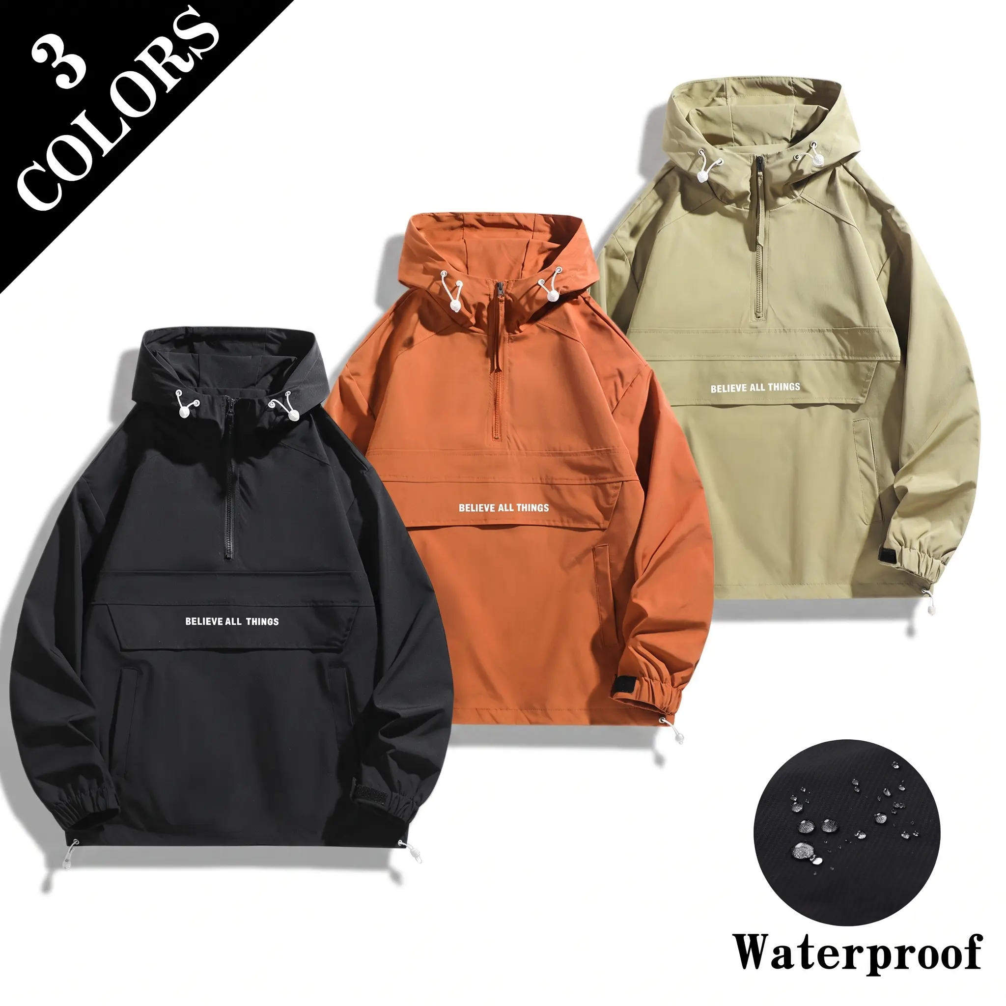 Men’s half-zip hooded pullover sweatshirt with letter print; slightly water-resistant, windproof jacket; half-zip pullover softshell jacket; windproof, dustproof fabric suitable for outdoor work and short trips.