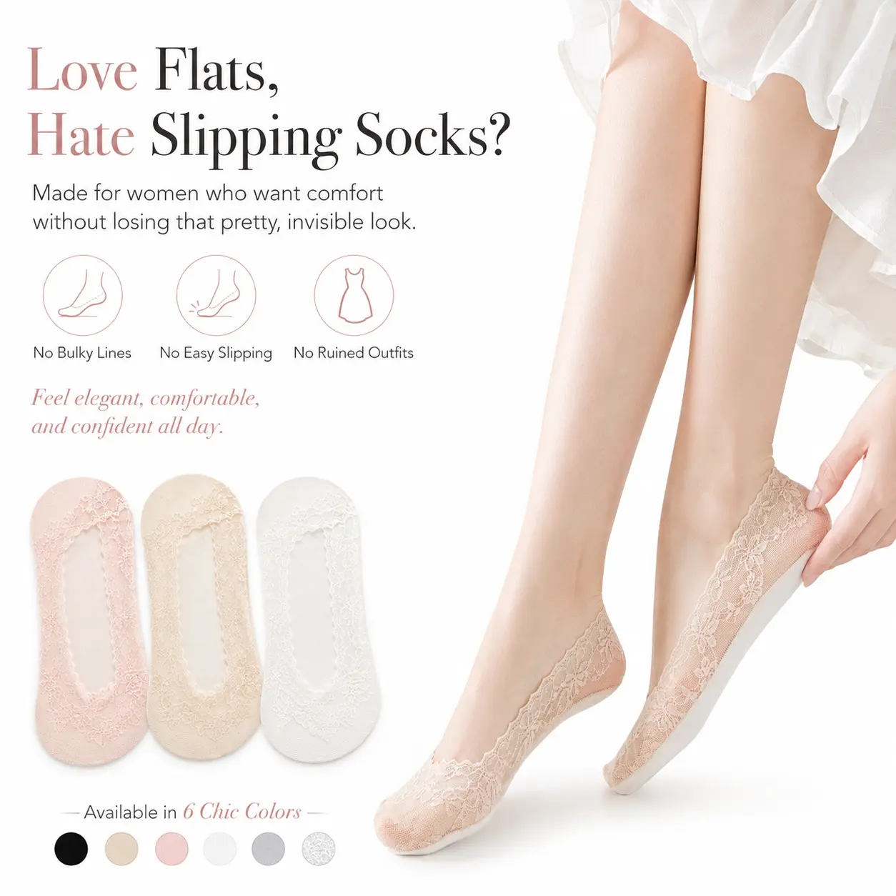 Women’s 6-Pair Cotton No Show Socks - Ultra-Thin Low-Cut Invisible Liners, Non-Slip, Breathable, Sweat-Wicking, Retro Sexy Sweet Halloween Floral Embroidery & Piping, Lightweight for Flats, Sneakers (Machine Washable)