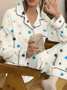 Ladies' autumn and winter lapel bear cartoon pajama set Pyjamas Nightwear