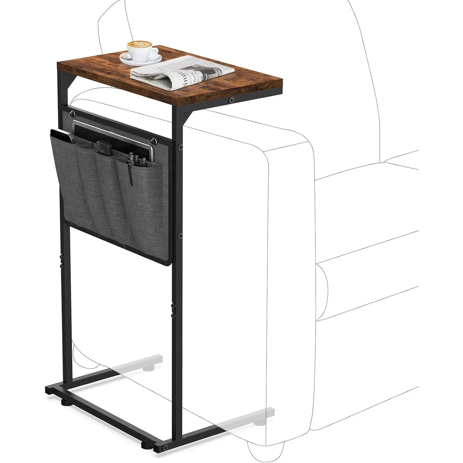 C Shaped End Table, Small Side Table for Couch and Recliner, Slide Under Sofa Tray Desk with Storage Bag for Living Room and Bedroom, Rustic Brown