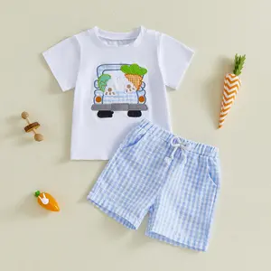 Toddler Baby Boy Easter Outfits Set Bunny Truck Embroidered Short Sleeve T-shirt Tops and Plaid Shorts 2 Piece Clothing Set 6M-4Years