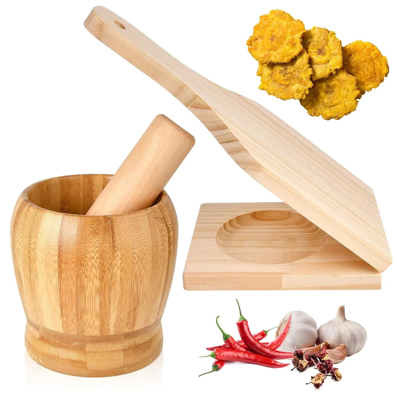 2 Kitchen Tools Including Mortar and Pestle Set and  Tostonera Plantain Press,  Plantain Smasher for Fried Banana Pepper Spices Garlic Press