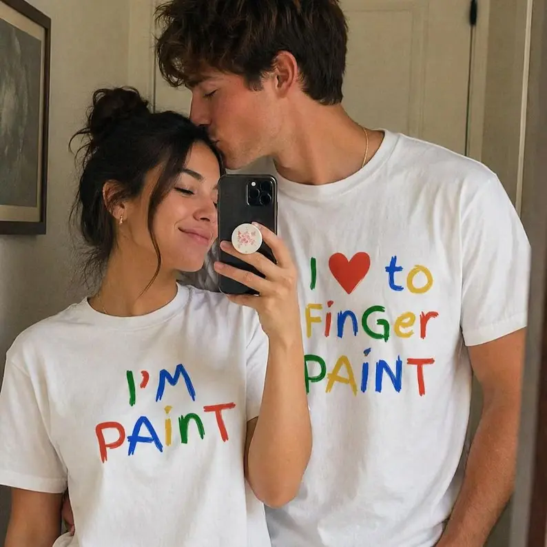 Funny Matching Couple T-Shirt Set, I Love To Finger Paint & I’m Paint Shirts, Cheeky His and Hers Gift, Boyfriend Girlfriend Graphic Tees
