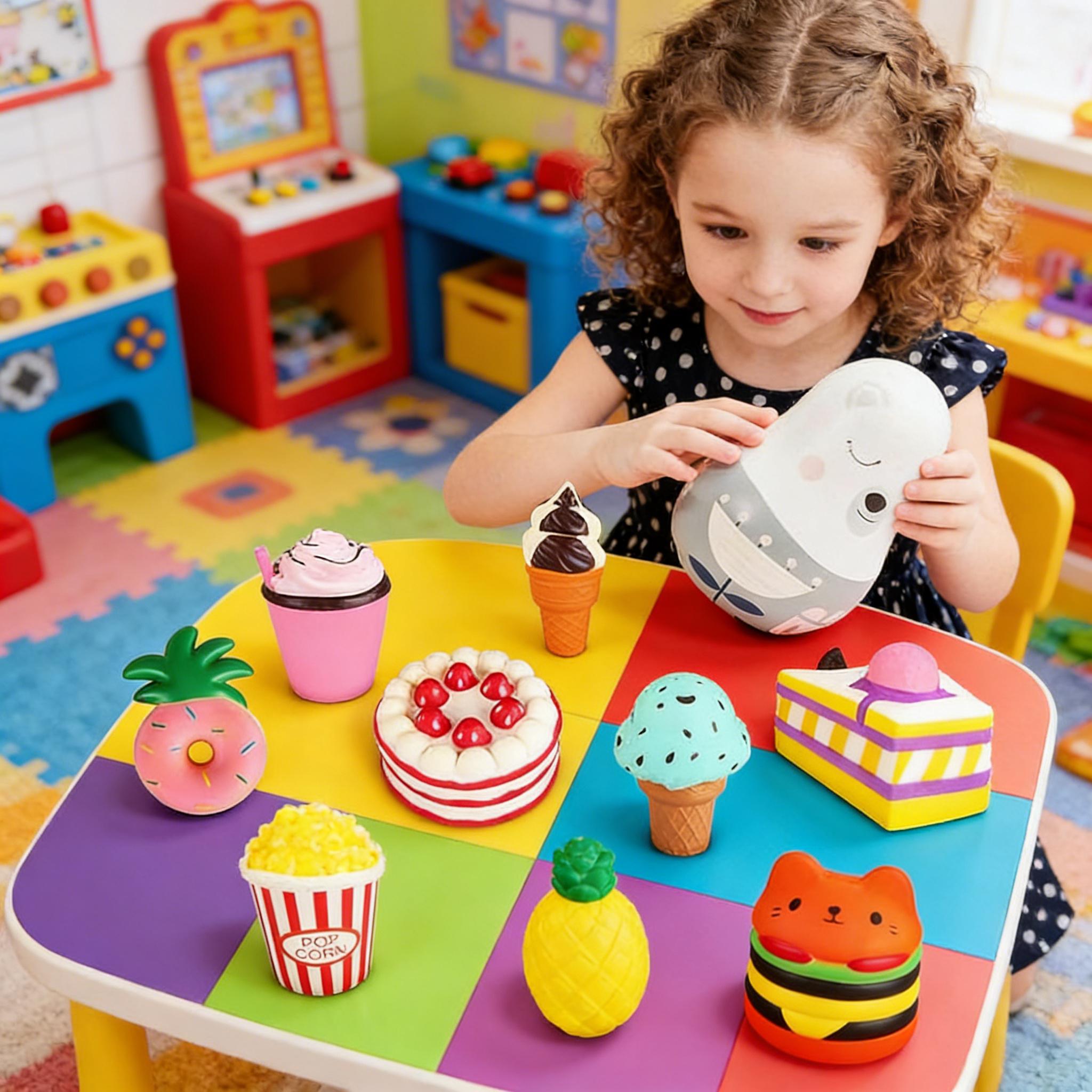 Soft Squishies Set, 9 Pieces – Food-Shaped Squeeze Toys (Hamburger, Popcorn, Cake, Ice Cream, Donut) – Stress Relief Toy for Children