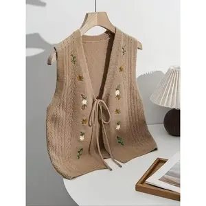 Women’s casual knitted vest with an embroidered front tie, fashionable and lightweight, suitable for everyday wear, layered and comfortable close-fitting design GARMENTARY