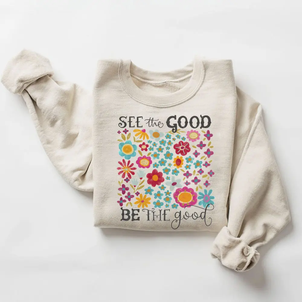 Women's Retro Sweatshirt, See The Good Floral Graphic Print, Casual Boho Aesthetic Cotton Long Sleeve Round Neck Top